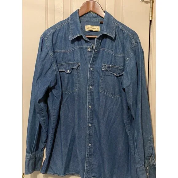 Bit & Bridle Blue Denim Long Sleeve Pearl Snap Down Men's XXL - Picture 3 of 6